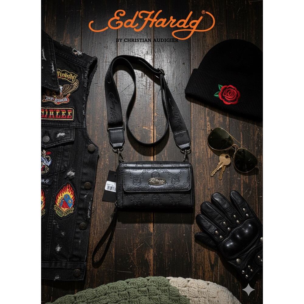 NWT  Ed Hardy Black Skull Embossed Crossbody Wallet,